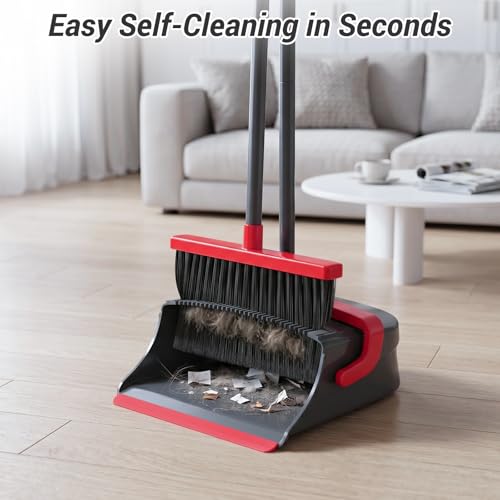 Upright Broom and Dustpan Set with Self-Cleaning Comb for Pet Hair
