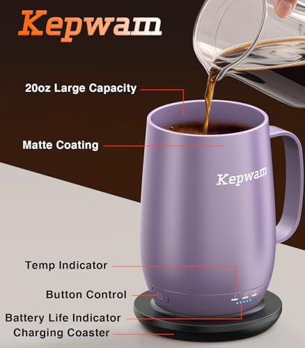 Kepwam Heated Coffee Mug T2-Plus 20oz Lilac Violet - Long Battery Life, Keeps Drinks Hot