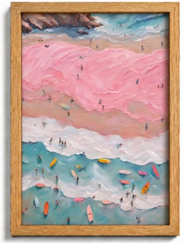 Framed Pink Coastal Beach Surfer Canvas Wall Art 8x10 Inch Print