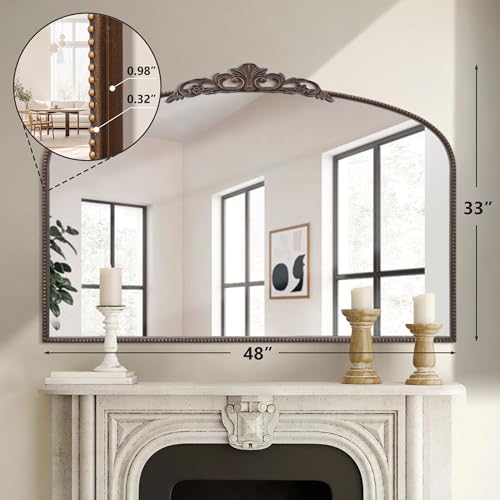 Large Arched Baroque Wall Mirror, 48x33 Inch Antique Bronze Decorative Mirror