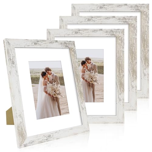 8x10 Picture Frame Set of 4 – Distressed White Wooden Frames with Real Glass