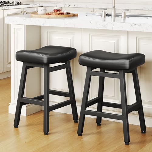 24-Inch Counter Height Bar Stools - Set of 2 Bonded Leather Saddle Stools