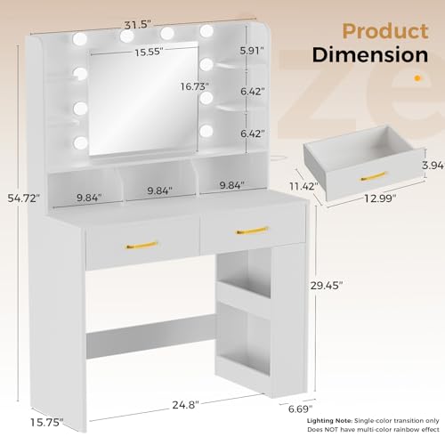 Modern Makeup Vanity Desk with LED Mirror, Charging Station & Storage