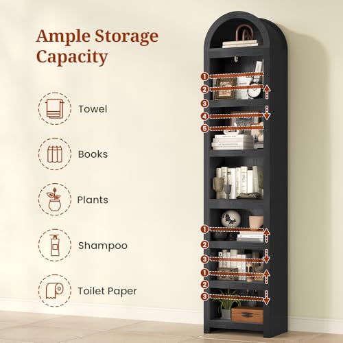 UPOSOJA Black Narrow 76-Inch Arched Bookcase with Adjustable Shelves - Modern Storage