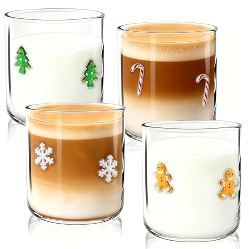 Christmas Icon Glasses Set - 4 Pack 14oz Holiday Drinkware with Tree Snowflake Candy Cane Gingerbread - Gift Idea
