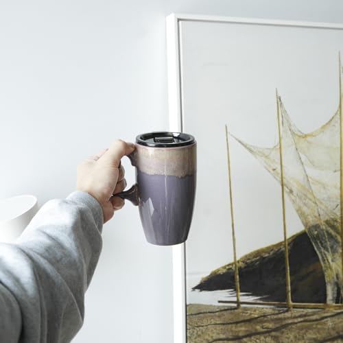 Bosmarlin Deep Purple Ceramic Travel Coffee Mug 18oz with Handle & Lid