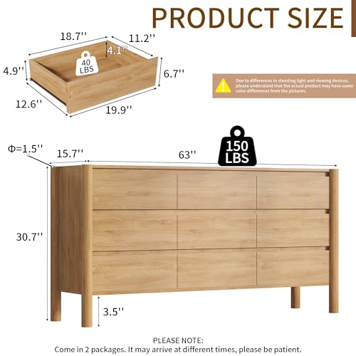 63-Inch 9-Drawer Oak Dresser, Mid-Century Modern Wood Bedroom Chest