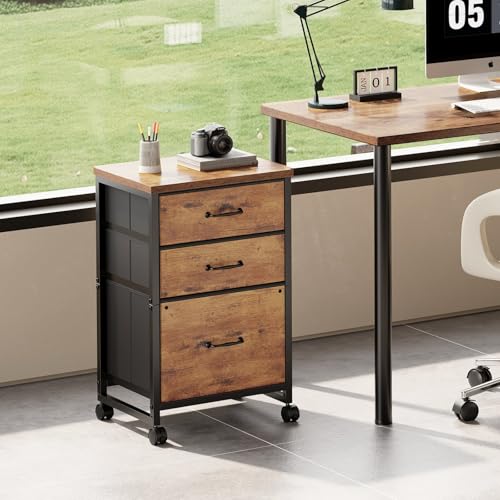 3-Drawer Mobile File Cabinet with Open Storage Shelf, Rustic Brown