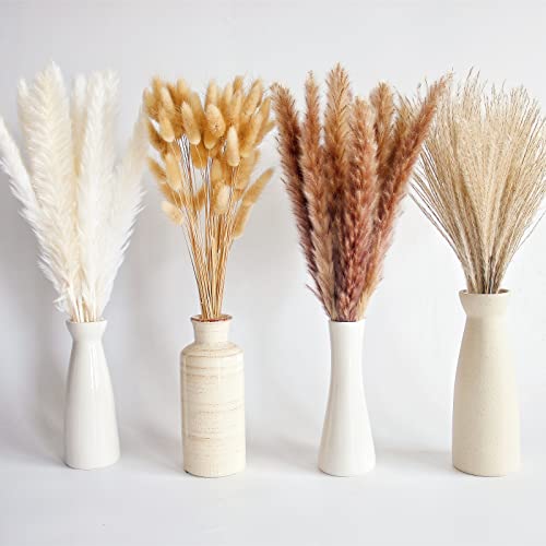 100 Pcs Dried Pampas Grass Decor - 17 Inch Small Boho Bouquet (Brown & White)