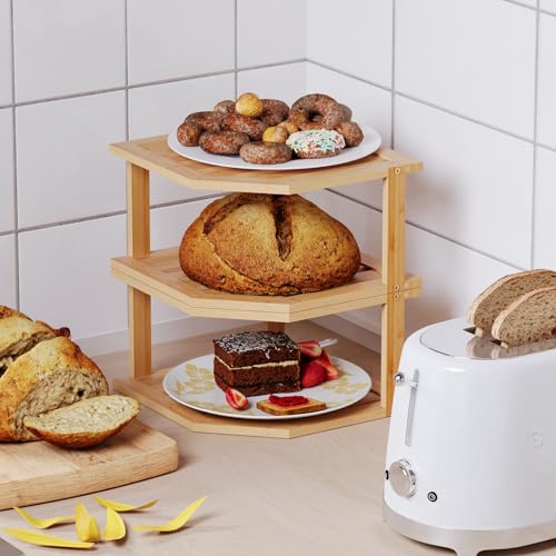 2-Tier Bamboo Corner Kitchen Shelf, Plate Organizer and Countertop Rack