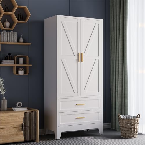 71" Metal Wardrobe Closet with 2 Drawers, Hanging Rod & Adjustable Shelf