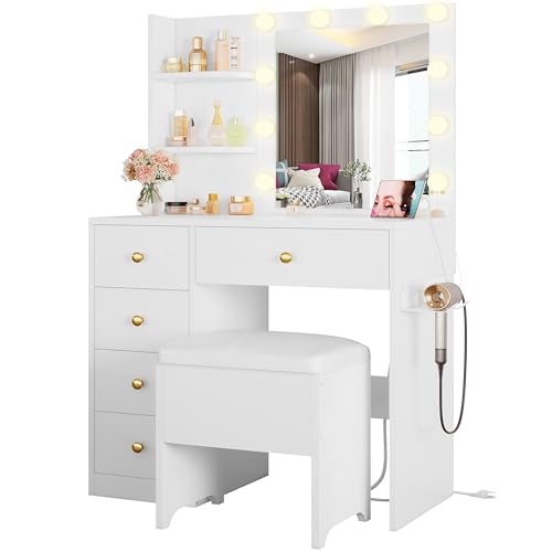 Vanity Desk with Mirror, Lights, and Stool - 5-Drawer Makeup Table, White