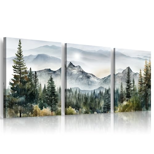 3-Piece Abstract Mountain Forest Canvas Wall Art, Framed Landscape Prints