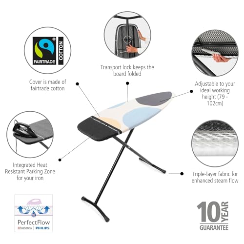 Brabantia Spring Bubbles Ironing Board 53" x 18" Extra Large, Adjustable Height, Heat-Resistant Parking Zone
