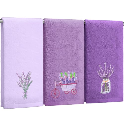Lavender Floral Hand Towels - 3 Piece Set, 14x29 Inch Soft Cotton Bath Towels