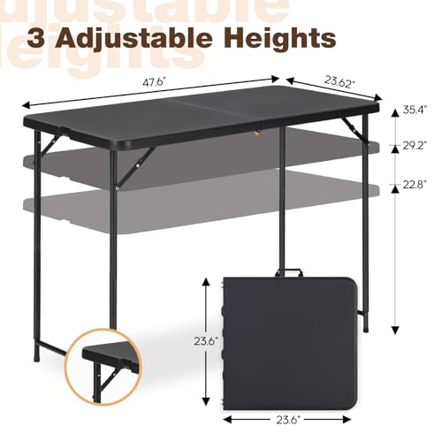 4ft Adjustable Folding Table, Portable HDPE Utility Table for Indoor Outdoor