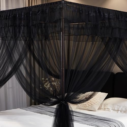Black 4-Poster Bed Canopy Curtains - Queen Size Mosquito Netting