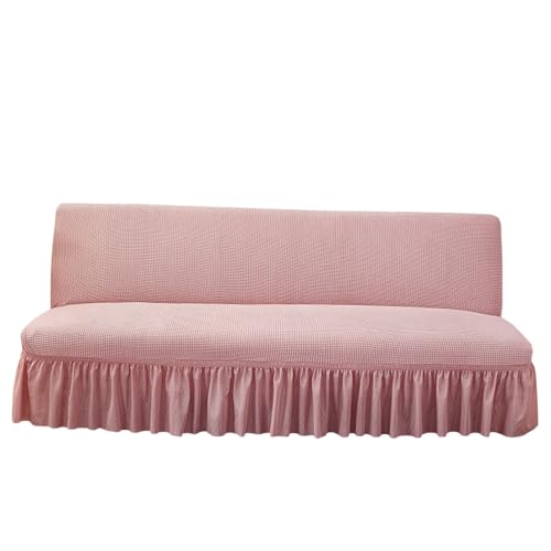 Stretch Futon Cover with Skirt for Armless Sofa Bed - Full Size, Knitted Fabric, Elastic Bottom, Pink