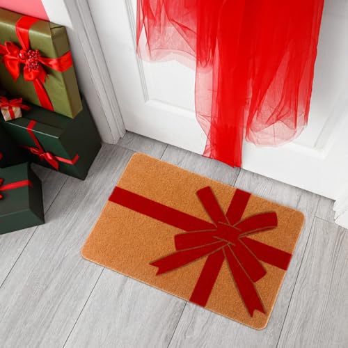 Christmas Red Bow Welcome Door Mat 17 x 29 Inches - Holiday Outdoor Rug
