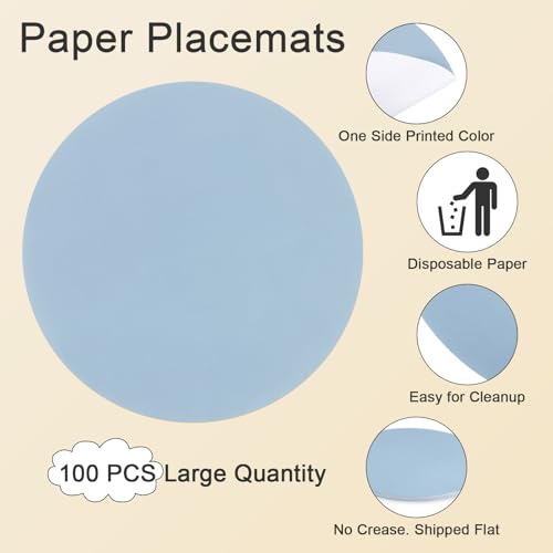 13-Inch Round Disposable Paper Placemats, Dusty Blue, 100-Pack