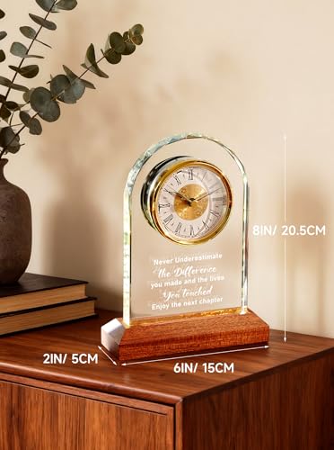 Engraved Glass Retirement Desk Clock with 3-Color LED Wooden Base