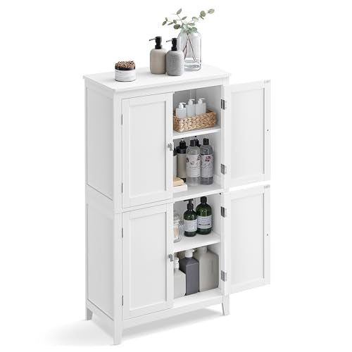Freestanding Bathroom Floor Storage Cabinet with 4 Doors, Adjustable Shelves