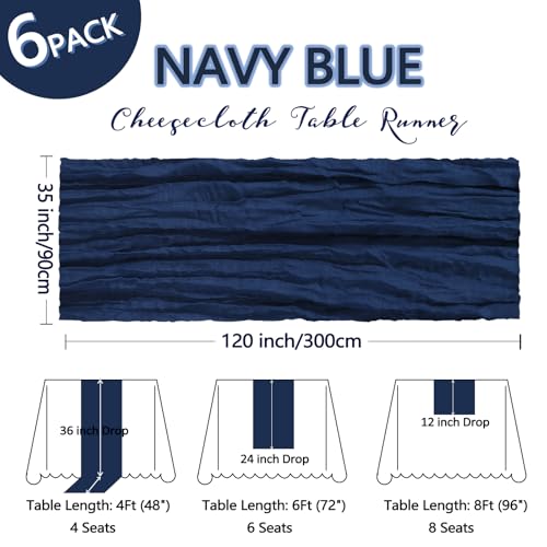 6 Pack Navy Blue Cheesecloth Table Runners 35x120 Inch Boho Gauze Fabric