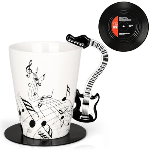 Maustic Black Guitar Mug 13 Oz with Vinyl Record Coaster – Music Gift for Guitar Lovers
