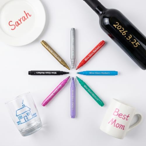 Wine Glass Markers - 8 Metallic Washable Pens for Drinks & Glasses