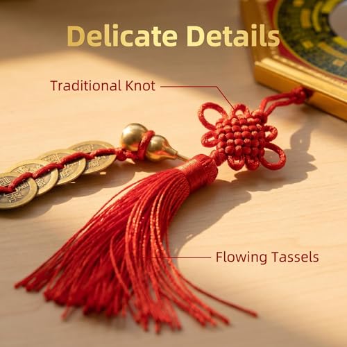 Feng Shui Bagua Mirror Set with Five Emperor Coins & Brass Wu Lou - Outdoor Home Protection & Wealth