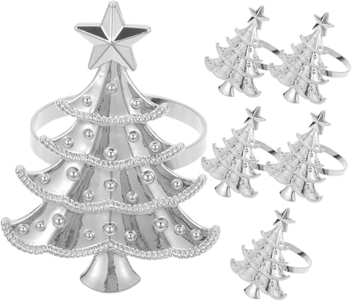 Hayooha Christmas Tree Silver Napkin Rings Set of 6 - Holiday Table Decor