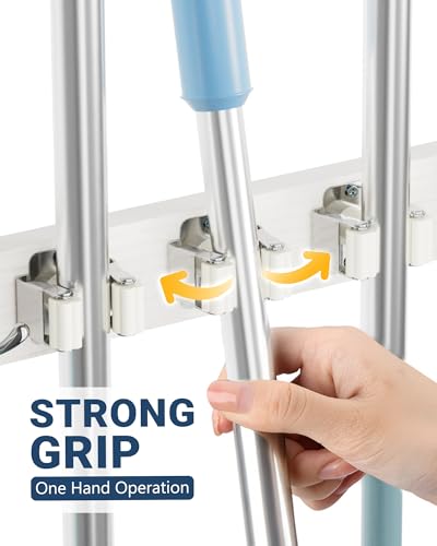 Over the Door Broom and Mop Holder - 4 Slots 4 Hooks Wood Rack