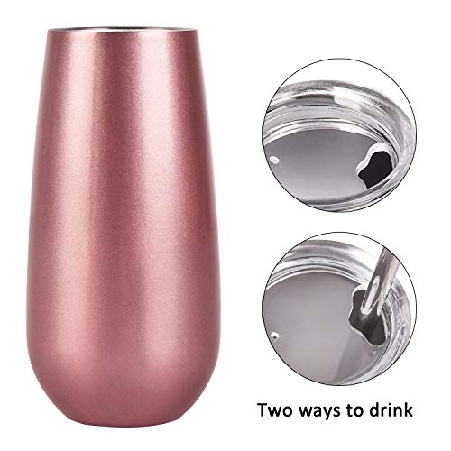 Lifecapido Rose Gold 6-Pack Stemless Double Insulated Champagne Flute Tumblers, 6 Oz, Unbreakable & Reusable Gift Set