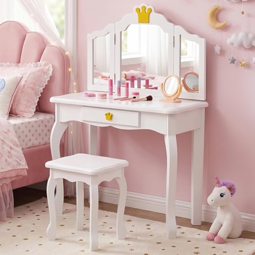 Kids Vanity Table and Chair Set with Tri-Folding Mirror and Storage Drawer