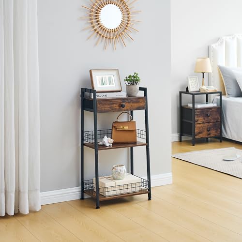 3-Tier Bathroom Ladder Shelf with Storage Drawer and Towel Hooks
