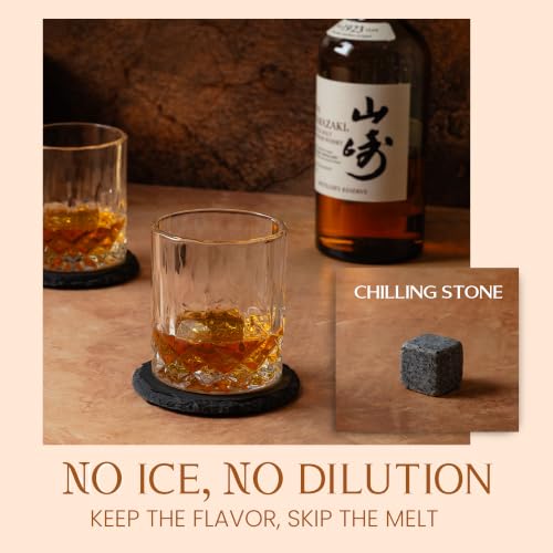 Mixology & Craft Whiskey Stones Gift Set with 2 Crystal Glasses, Slate Coasters & Recipe Cards