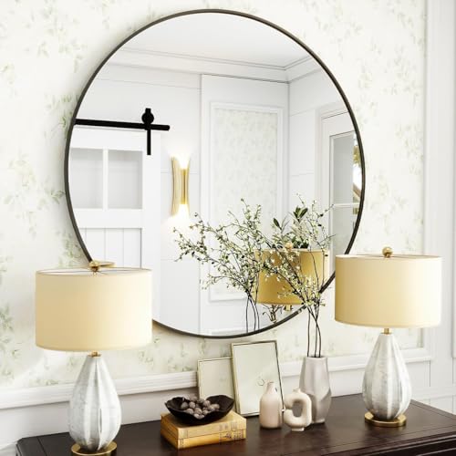 30-Inch Round Bathroom Mirror, Black Metal Frame Wall Mirror