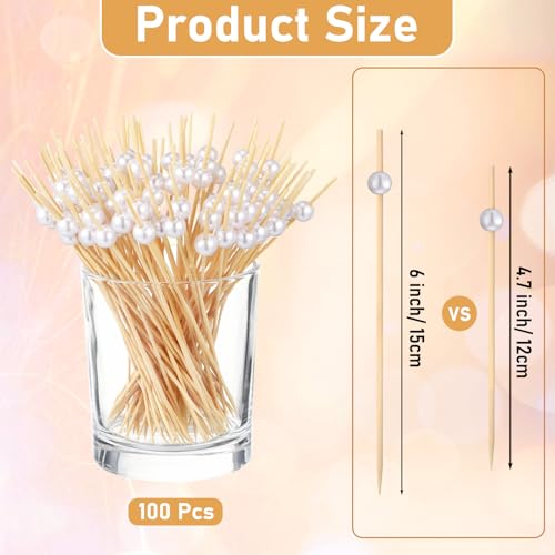 6 Inch White Pearl Cocktail Skewers - 100 Pcs Party Appetizer Picks