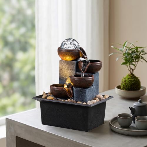 4-Tier Indoor Tabletop Water Fountain with LED Lights & River Rocks