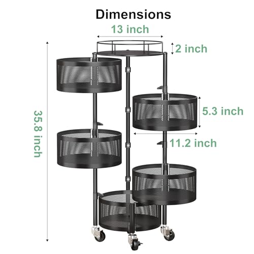 5-Tier Rotating Kitchen Storage Cart, Rolling Metal Wire Fruit Basket Stand