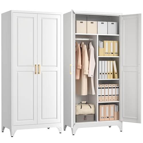 71" Tall Metal Wardrobe Closet with Hanging Rod and Adjustable Shelves, White