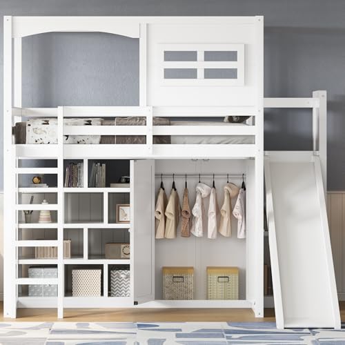 Twin Size Wood House Loft Bed with Wardrobe, Slide, and LED Lights