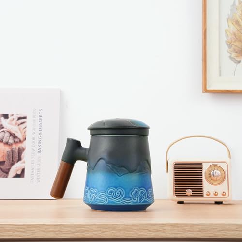 ZENS Blue 15.2oz Tea Cup with Infuser & Lid, Hand-Sprayed Gradient Ceramic