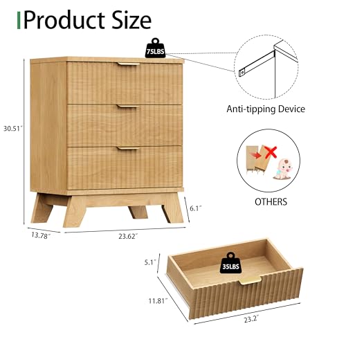 24-Inch Fluted Nightstand with 3 Drawers, Mid-Century Modern Wood End Table