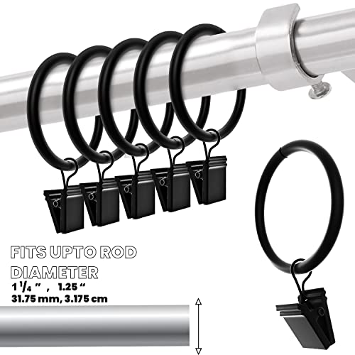 Matte Black Curtain Rings with Clips, 1.5 Inch - 20 Pack