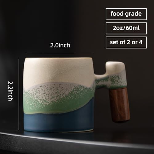 Dicmracy Kiln Turning Blue 2oz Ceramic Espresso Cups with Wooden Handle, 2/4-Piece Set, Handmade Coffee & Tea Mugs
