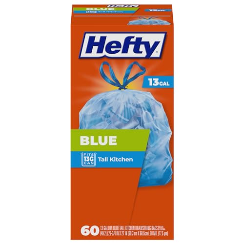 13 Gallon Blue Kitchen Trash Bags - Puncture-Resistant Drawstring, 60 Count