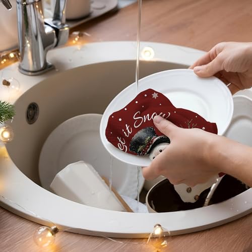 Ogleqoo Christmas Snowman Kitchen Towels Set of 2 – Black & Red Buffalo Plaid, Absorbent Cotton-Linen