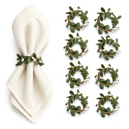 Cloud-LINK Artificial Eucalyptus Napkin Rings Set of 8 with White Berry Accents for Wedding & Holiday Decor