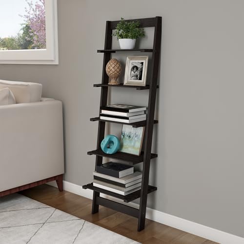 5-Tier Leaning Ladder Shelf, 50-Inch Narrow Wood Bookcase in Black